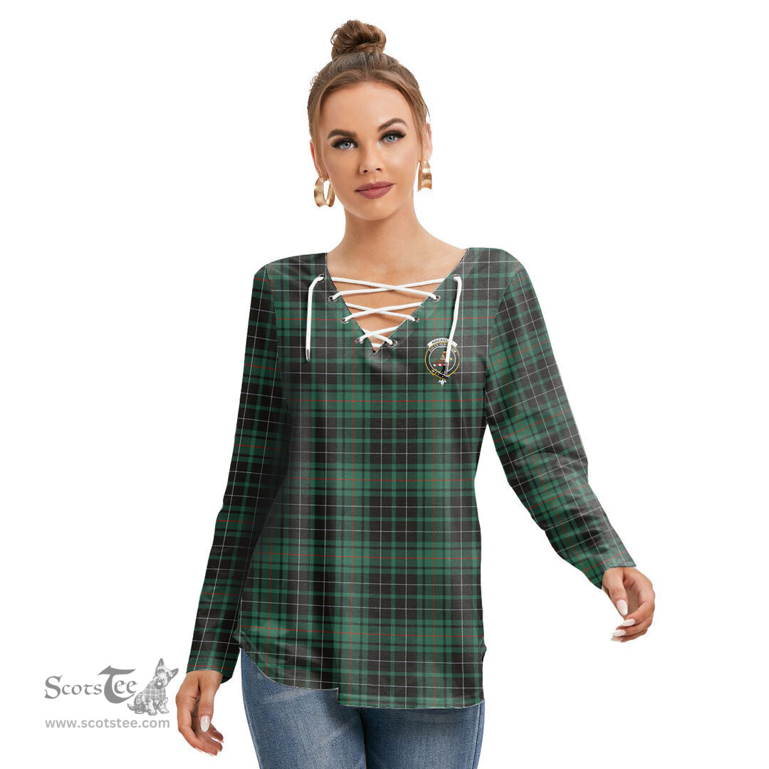 ScotsTee Shop Scottish MacAulay Hunting Ancient Clan Crest Tartan Womens V Neck Lace Up Criss Cross Sweatshirt