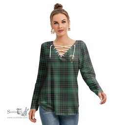 ScotsTee Shop Scottish MacAulay Hunting Ancient Clan Crest Tartan Womens V Neck Lace Up Criss Cross Sweatshirt