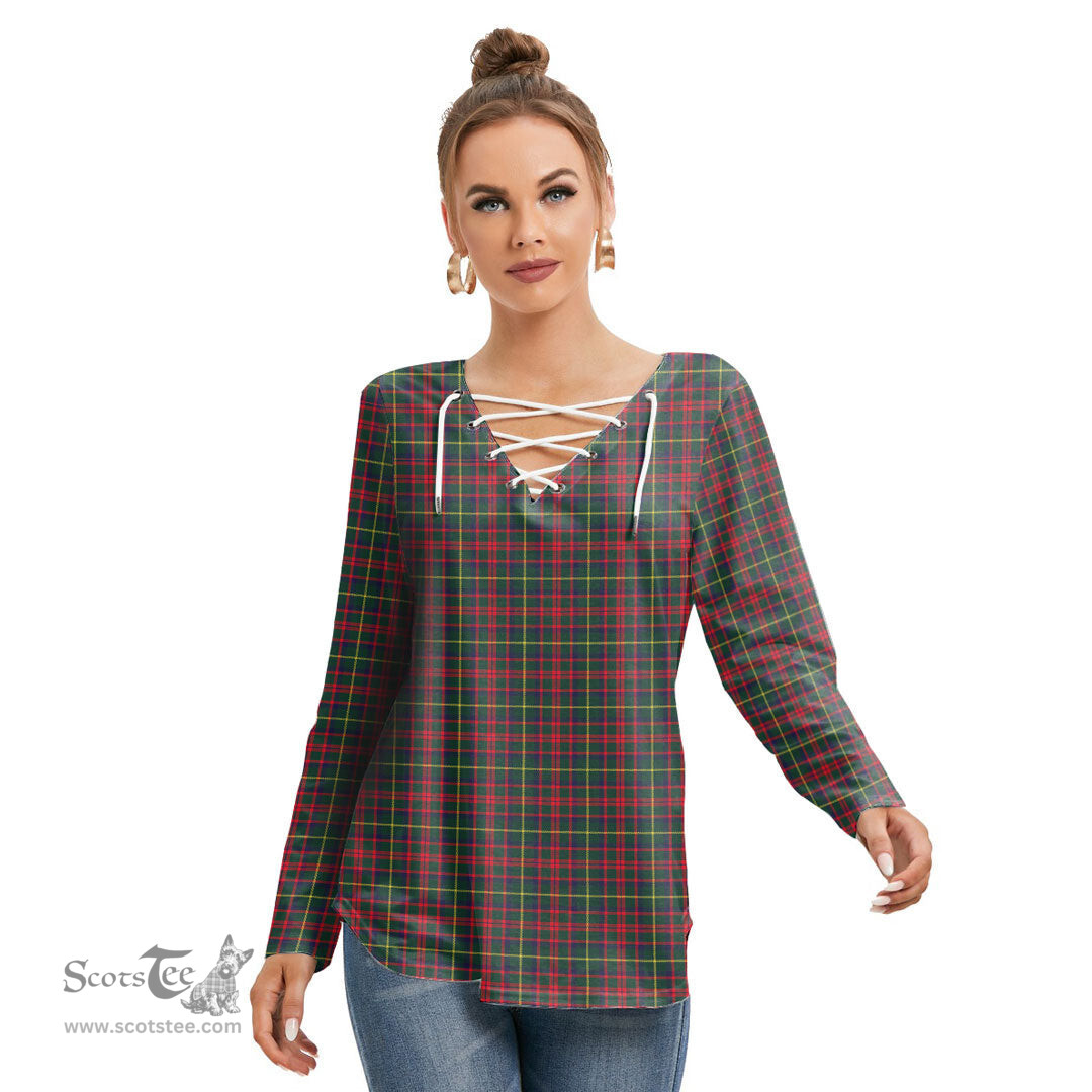 ScotsTee Shop Scottish MacKintosh Hunting Modern Clan Tartan Womens V Neck Lace Up Criss Cross Sweatshirt