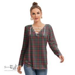 ScotsTee Shop Scottish MacKintosh Hunting Modern Clan Tartan Womens V Neck Lace Up Criss Cross Sweatshirt