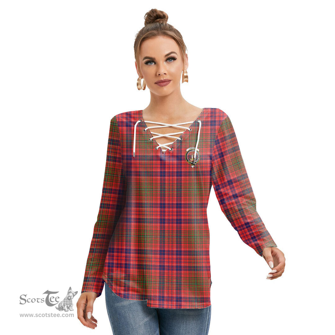 ScotsTee Shop Scottish Lumsden Modern Clan Crest Tartan Womens V Neck Lace Up Criss Cross Sweatshirt