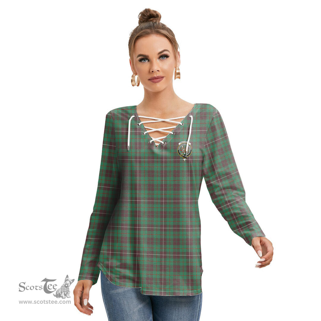 ScotsTee Shop Scottish MacKinnon Hunting Ancient Clan Crest Tartan Womens V Neck Lace Up Criss Cross Sweatshirt