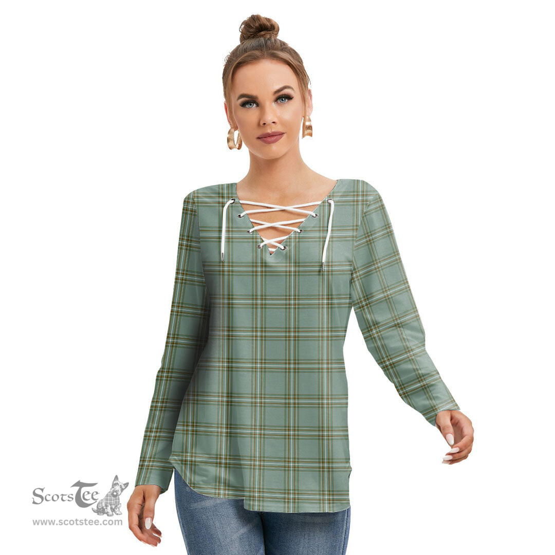 ScotsTee Shop Scottish Kelly Dress Clan Tartan Womens V Neck Lace Up Criss Cross Sweatshirt