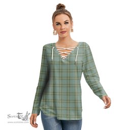 ScotsTee Shop Scottish Kelly Dress Clan Tartan Womens V Neck Lace Up Criss Cross Sweatshirt