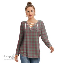 ScotsTee Shop Scottish MacGregor Hunting Ancient Clan Tartan Womens V Neck Lace Up Criss Cross Sweatshirt