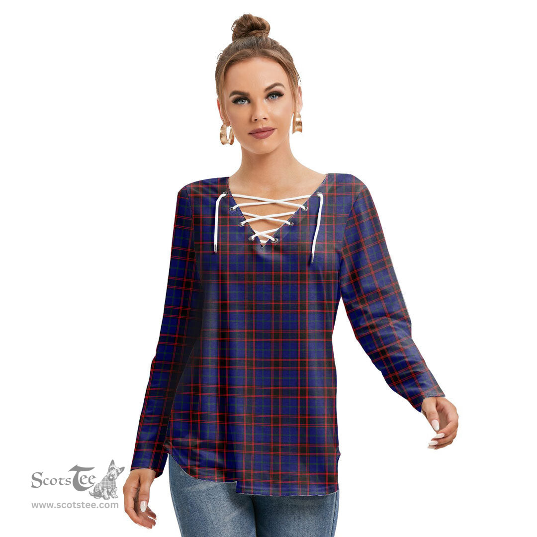ScotsTee Shop Scottish Home Modern Clan Tartan Womens V Neck Lace Up Criss Cross Sweatshirt