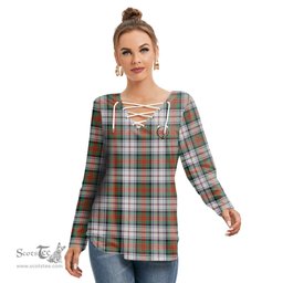 ScotsTee Shop Scottish MacDuff Dress Ancient Clan Crest Tartan Womens V Neck Lace Up Criss Cross Sweatshirt