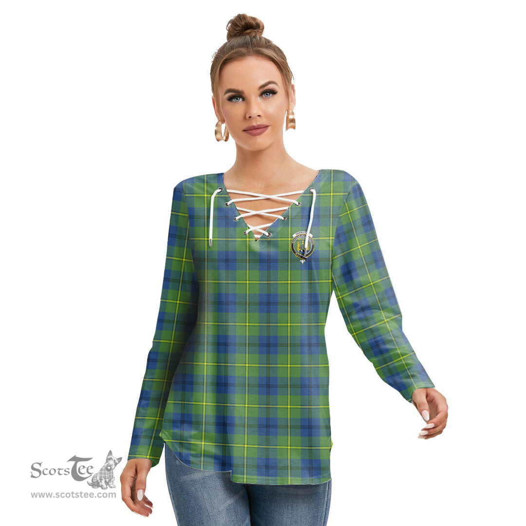 ScotsTee Shop Scottish Johnston Ancient Clan Crest Tartan Womens V Neck Lace Up Criss Cross Sweatshirt