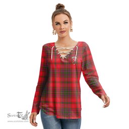 ScotsTee Shop Scottish MacDougall Modern Clan Crest Tartan Womens V Neck Lace Up Criss Cross Sweatshirt