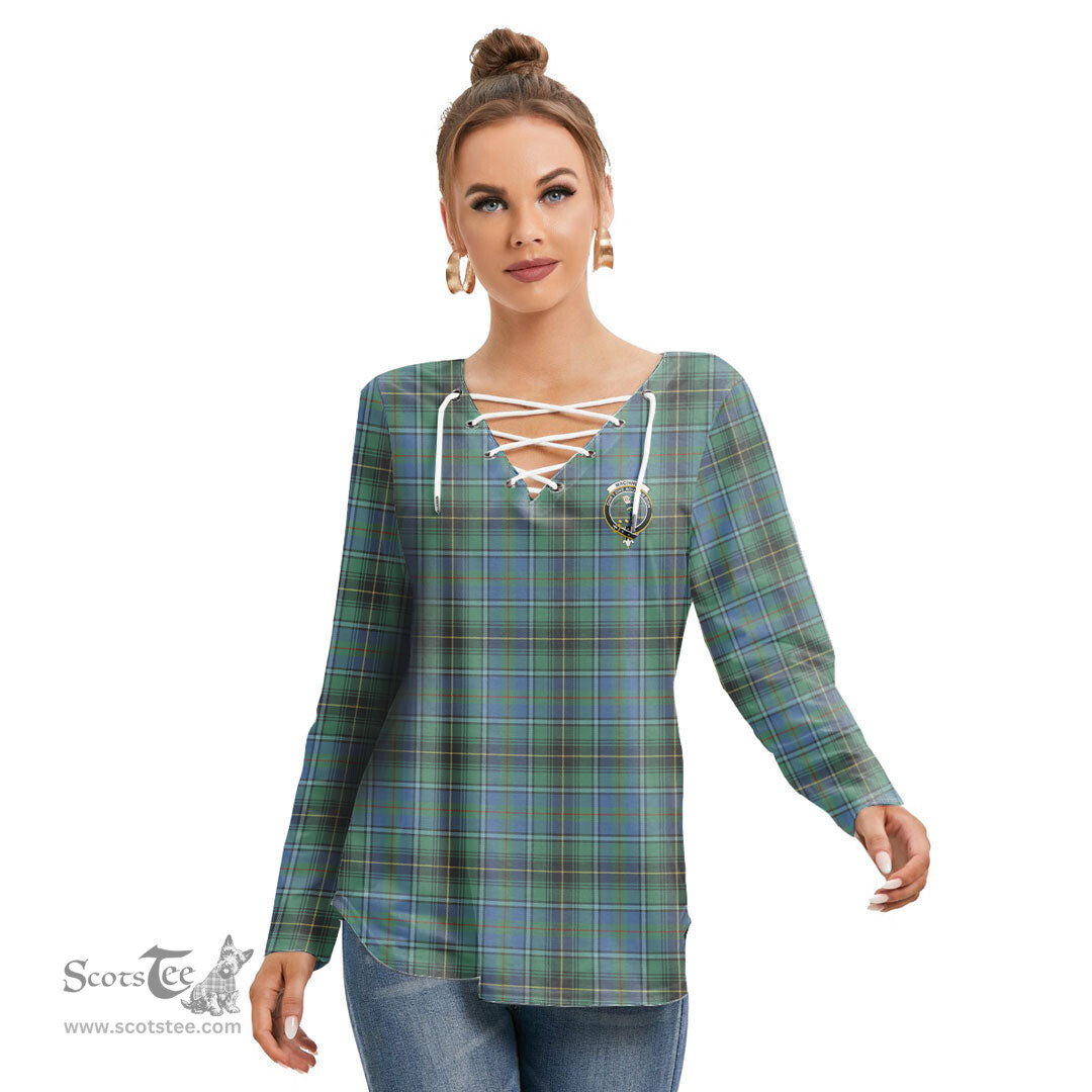 ScotsTee Shop Scottish MacInnes Ancient Clan Crest Tartan Womens V Neck Lace Up Criss Cross Sweatshirt