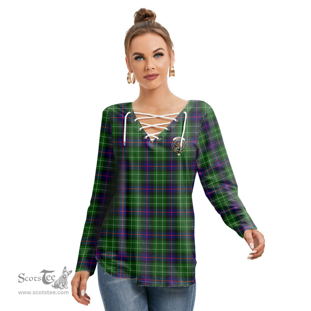 ScotsTee Shop Scottish Leslie Hunting Clan Crest Tartan Womens V Neck Lace Up Criss Cross Sweatshirt