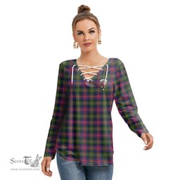 ScotsTee Shop Scottish Logan Modern Clan Crest Tartan Womens V Neck Lace Up Criss Cross Sweatshirt
