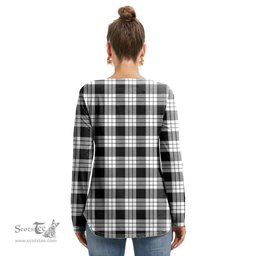 ScotsTee Shop Scottish MacFarlane Black White Clan Crest Tartan Womens V Neck Lace Up Criss Cross Sweatshirt
