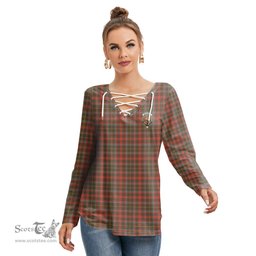 ScotsTee Shop Scottish MacKintosh Hunting Weathered Clan Crest Tartan Womens V Neck Lace Up Criss Cross Sweatshirt