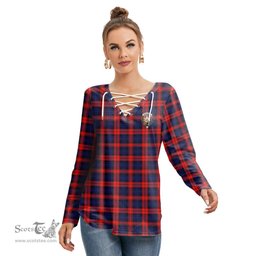 ScotsTee Shop Scottish MacLachlan Modern Clan Crest Tartan Womens V Neck Lace Up Criss Cross Sweatshirt