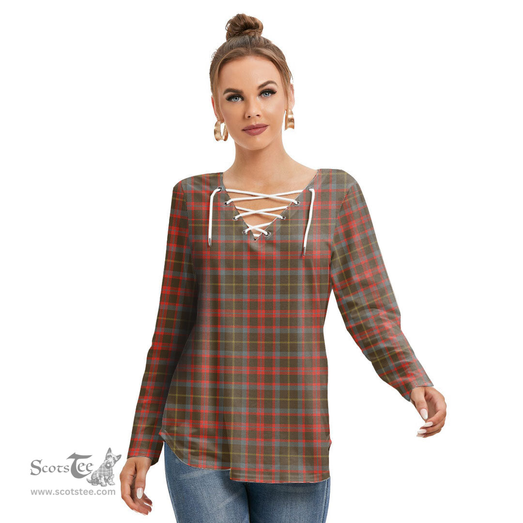 ScotsTee Shop Scottish MacKintosh Hunting Weathered Clan Tartan Womens V Neck Lace Up Criss Cross Sweatshirt