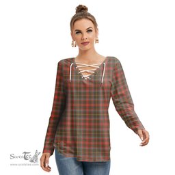 ScotsTee Shop Scottish MacKintosh Hunting Weathered Clan Tartan Womens V Neck Lace Up Criss Cross Sweatshirt