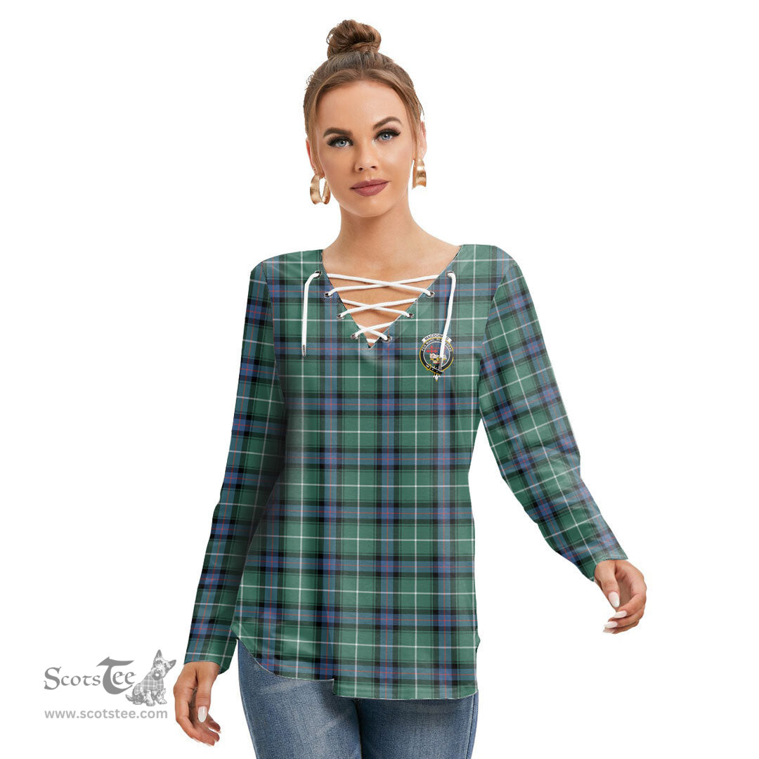 ScotsTee Shop Scottish MacDonald of the Isles Hunting Ancient Clan Crest Tartan Womens V Neck Lace Up Criss Cross Sweatshirt