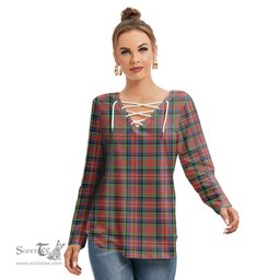 ScotsTee Shop Scottish MacPherson Ancient Clan Tartan Womens V Neck Lace Up Criss Cross Sweatshirt