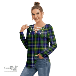 ScotsTee Shop Scottish MacNeill of Barra Modern Clan Tartan Womens V Neck Lace Up Criss Cross Sweatshirt