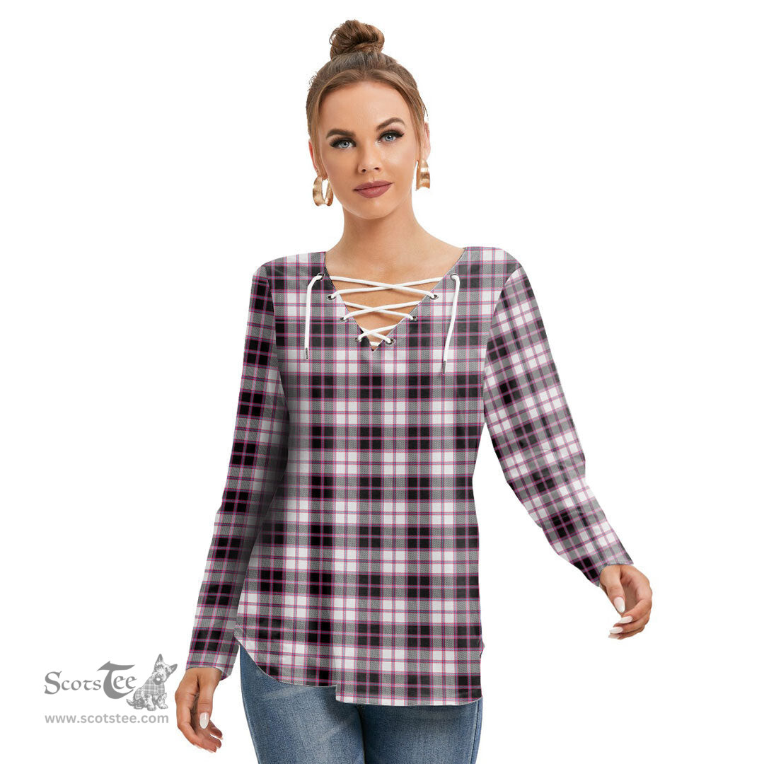 ScotsTee Shop Scottish MacPherson Hunting Modern Clan Tartan Womens V Neck Lace Up Criss Cross Sweatshirt