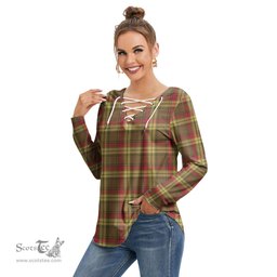 ScotsTee Shop Scottish MacMillan Old Weathered Clan Tartan Womens V Neck Lace Up Criss Cross Sweatshirt