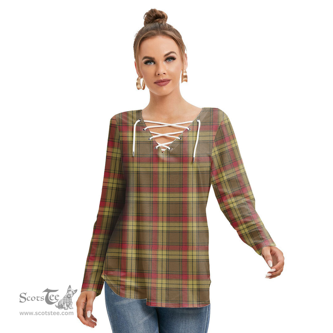 ScotsTee Shop Scottish MacMillan Old Weathered Clan Tartan Womens V Neck Lace Up Criss Cross Sweatshirt