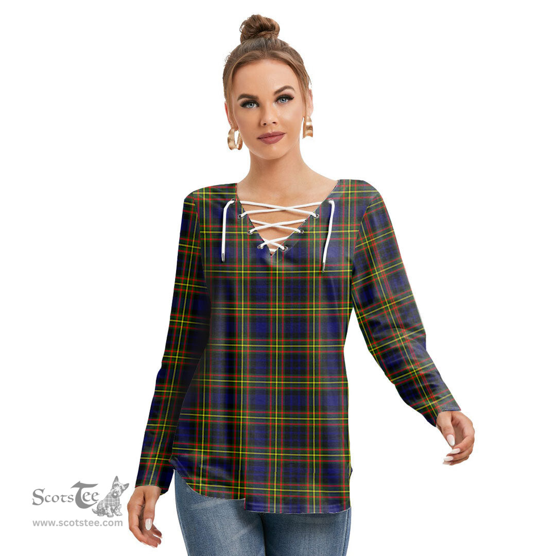 ScotsTee Shop Scottish MacLellan Modern Clan Tartan Womens V Neck Lace Up Criss Cross Sweatshirt