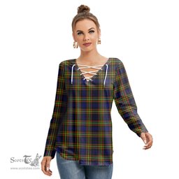 ScotsTee Shop Scottish MacLellan Modern Clan Tartan Womens V Neck Lace Up Criss Cross Sweatshirt
