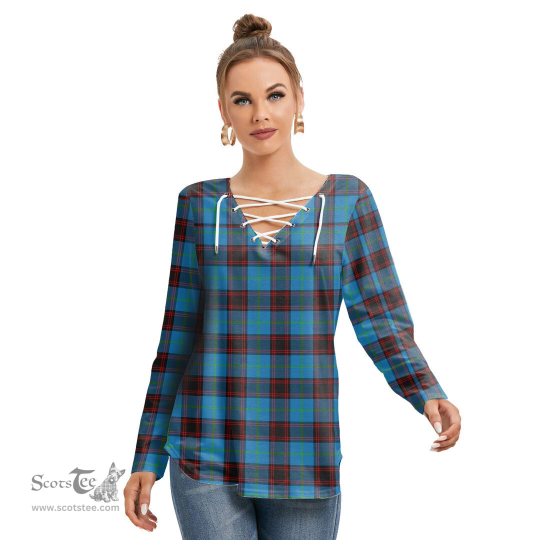 ScotsTee Shop Scottish Home Ancient Clan Tartan Womens V Neck Lace Up Criss Cross Sweatshirt