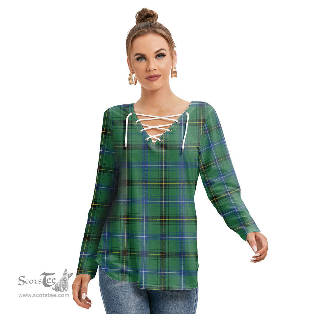 ScotsTee Shop Scottish Henderson Ancient Clan Tartan Womens V Neck Lace Up Criss Cross Sweatshirt