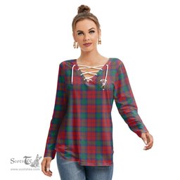 ScotsTee Shop Scottish Lindsay Modern Clan Crest Tartan Womens V Neck Lace Up Criss Cross Sweatshirt
