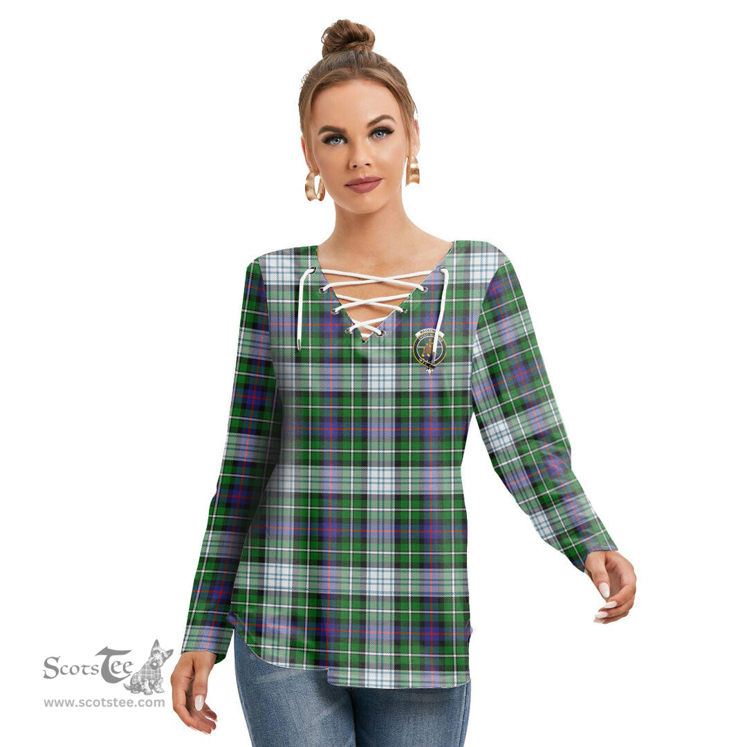 ScotsTee Shop Scottish MacKenzie Dress Modern Clan Crest Tartan Womens V Neck Lace Up Criss Cross Sweatshirt