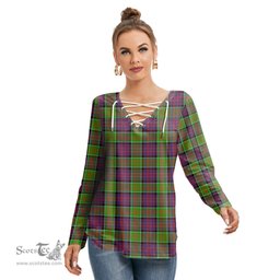 ScotsTee Shop Scottish MacDonald of Clanranald Clan Tartan Womens V Neck Lace Up Criss Cross Sweatshirt