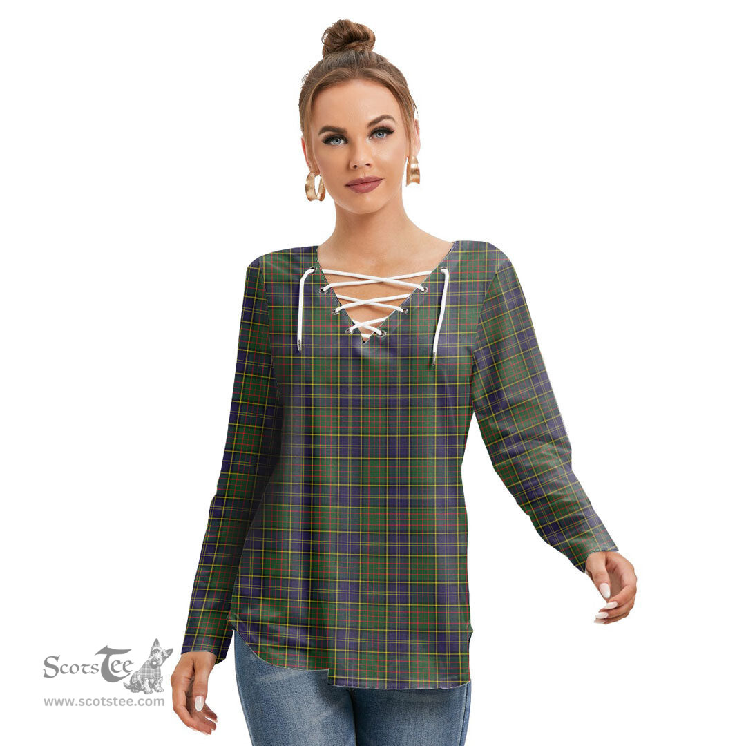 ScotsTee Shop Scottish MacMillan Hunting Modern Clan Tartan Womens V Neck Lace Up Criss Cross Sweatshirt