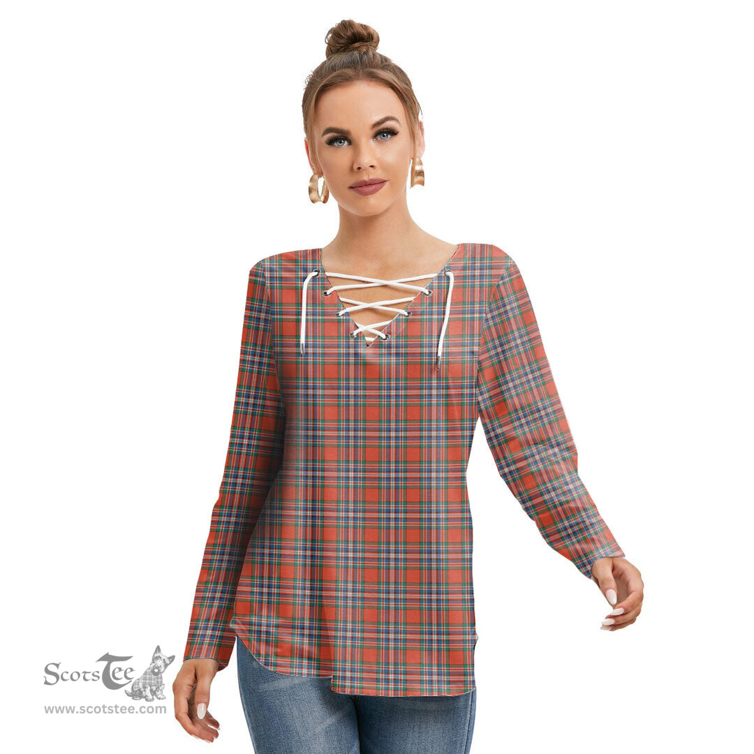 ScotsTee Shop Scottish MacFarlane Ancient Clan Tartan Womens V Neck Lace Up Criss Cross Sweatshirt