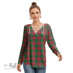 ScotsTee Shop Scottish McCulloch Clan Tartan Womens V Neck Lace Up Criss Cross Sweatshirt