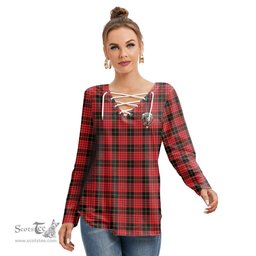 ScotsTee Shop Scottish MacQueen Modern Clan Crest Tartan Womens V Neck Lace Up Criss Cross Sweatshirt