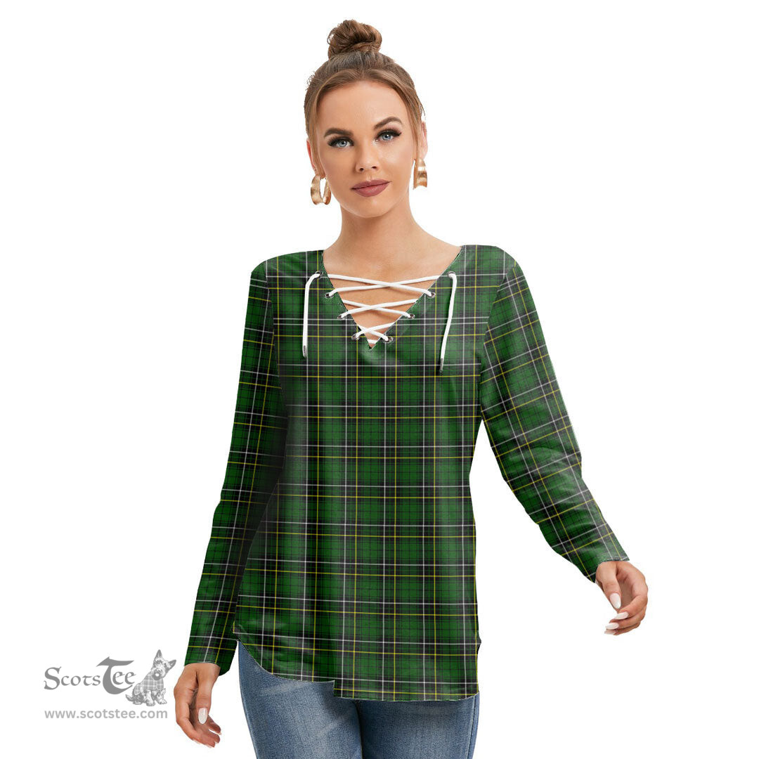 ScotsTee Shop Scottish MacAlpine Modern Clan Tartan Womens V Neck Lace Up Criss Cross Sweatshirt