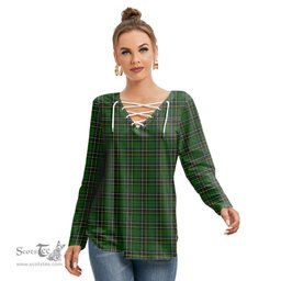 ScotsTee Shop Scottish MacAlpine Modern Clan Tartan Womens V Neck Lace Up Criss Cross Sweatshirt
