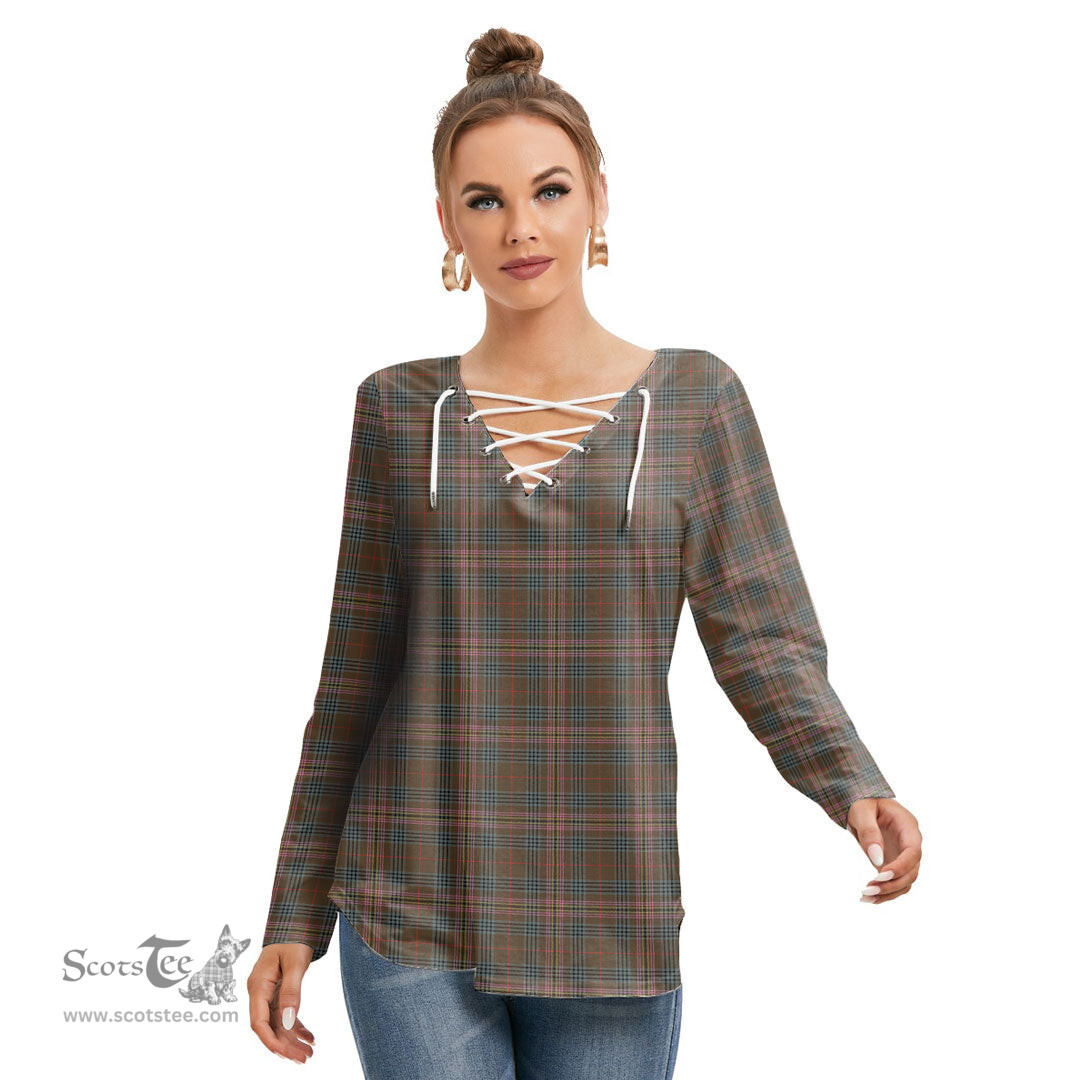 ScotsTee Shop Scottish Kennedy Weathered Clan Tartan Womens V Neck Lace Up Criss Cross Sweatshirt