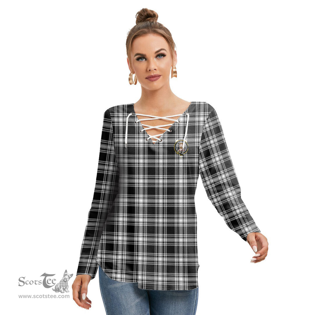 ScotsTee Shop Scottish Menzies Black White Modern Clan Crest Tartan Womens V Neck Lace Up Criss Cross Sweatshirt