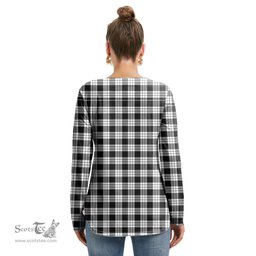 ScotsTee Shop Scottish MacFarlane Black White Clan Tartan Womens V Neck Lace Up Criss Cross Sweatshirt
