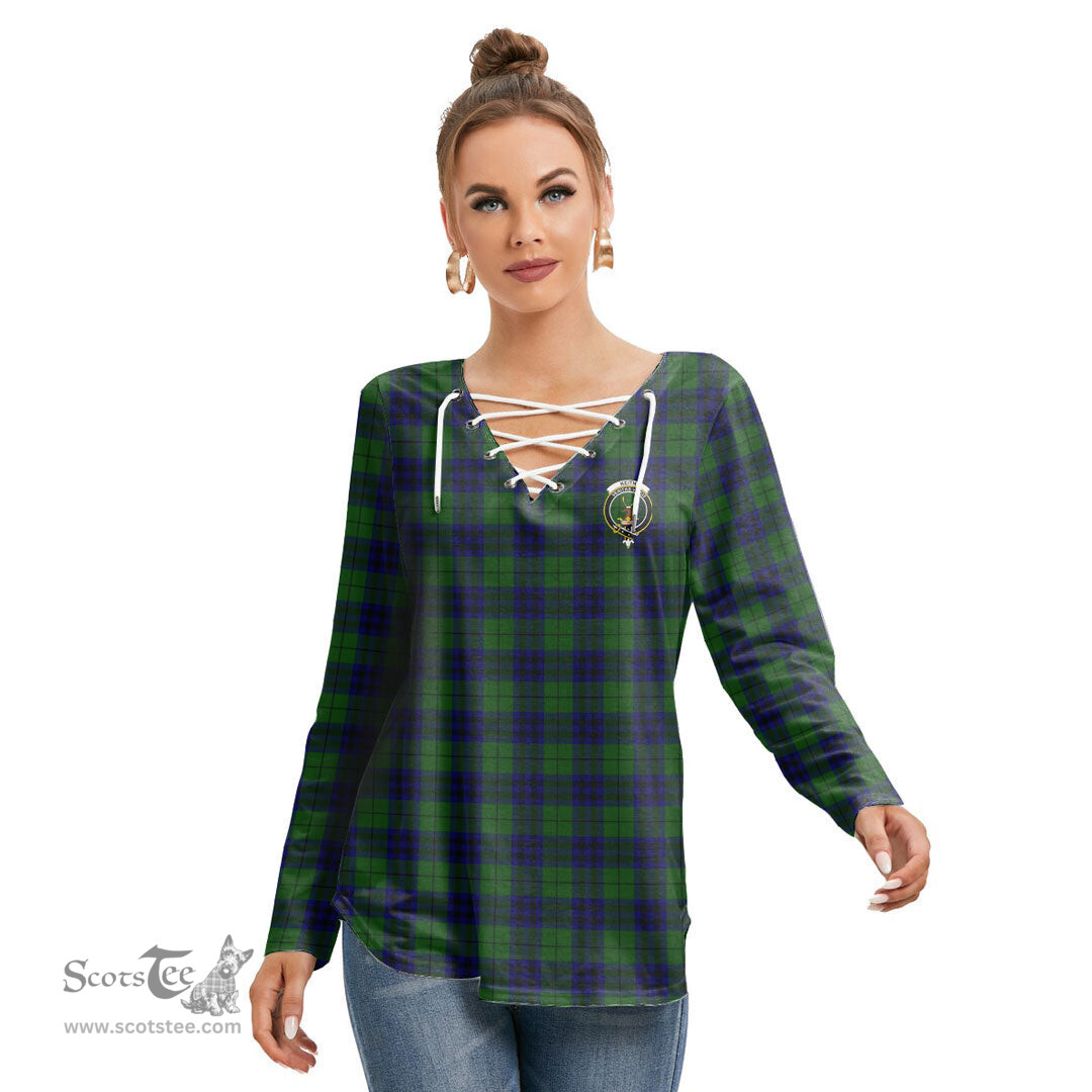 ScotsTee Shop Scottish Keith Modern Clan Crest Tartan Womens V Neck Lace Up Criss Cross Sweatshirt