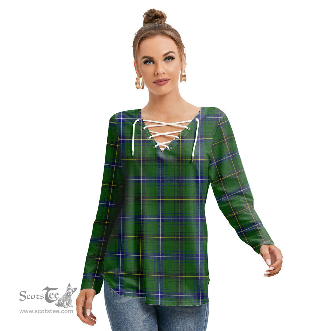 ScotsTee Shop Scottish Henderson Modern Clan Tartan Womens V Neck Lace Up Criss Cross Sweatshirt
