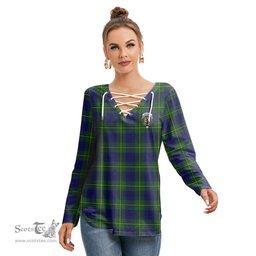 ScotsTee Shop Scottish Johnston Modern Clan Crest Tartan Womens V Neck Lace Up Criss Cross Sweatshirt