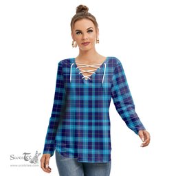 ScotsTee Shop Scottish McKerrell Clan Tartan Womens V Neck Lace Up Criss Cross Sweatshirt
