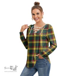 ScotsTee Shop Scottish MacMillan Old Modern Clan Tartan Womens V Neck Lace Up Criss Cross Sweatshirt