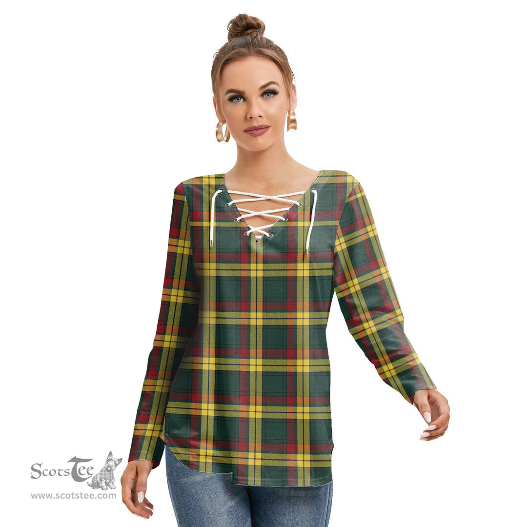 ScotsTee Shop Scottish MacMillan Old Modern Clan Tartan Womens V Neck Lace Up Criss Cross Sweatshirt