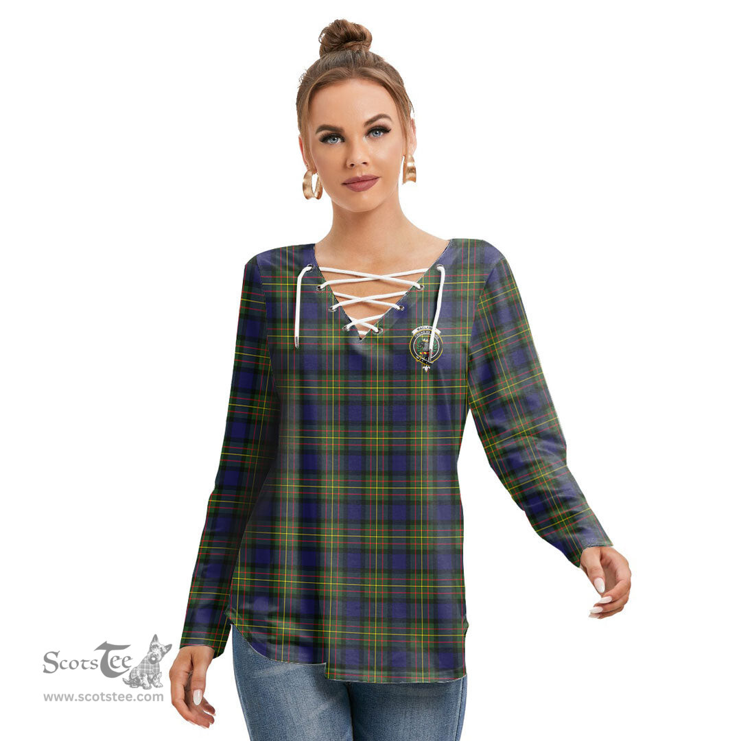 ScotsTee Shop Scottish MacLaren Modern Clan Crest Tartan Womens V Neck Lace Up Criss Cross Sweatshirt